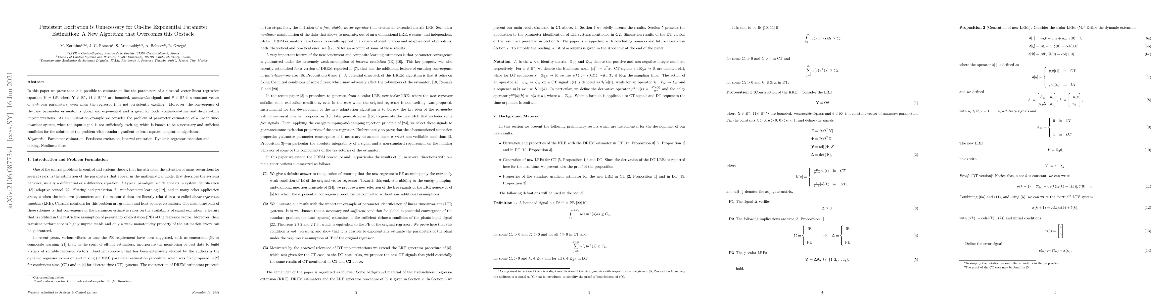 Thumbnail for Persistent Excitation is Unnecessary for On-line Exponential Parameter
  Estimation: A New Algorithm that Overcomes this Obstacle