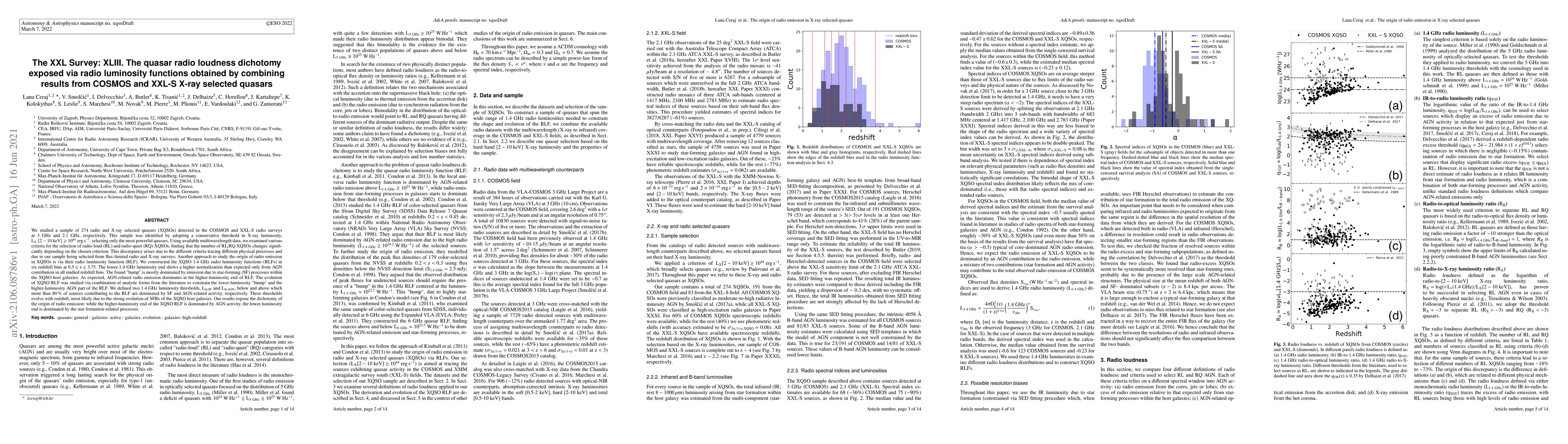 Thumbnail for The XXL Survey: XLIII. The quasar radio loudness dichotomy exposed via
  radio luminosity functions obtained by combining results from COSMOS and
  XXL-S X-ray selected quasars