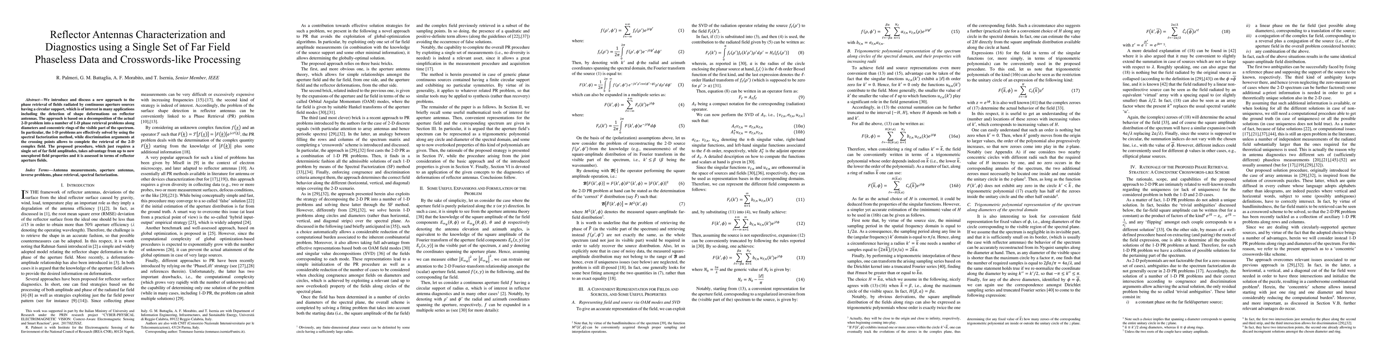 Thumbnail for Reflector Antennas Characterization and Diagnostics using a Single Set
  of Far Field Phaseless Data and Crosswords-like Processing