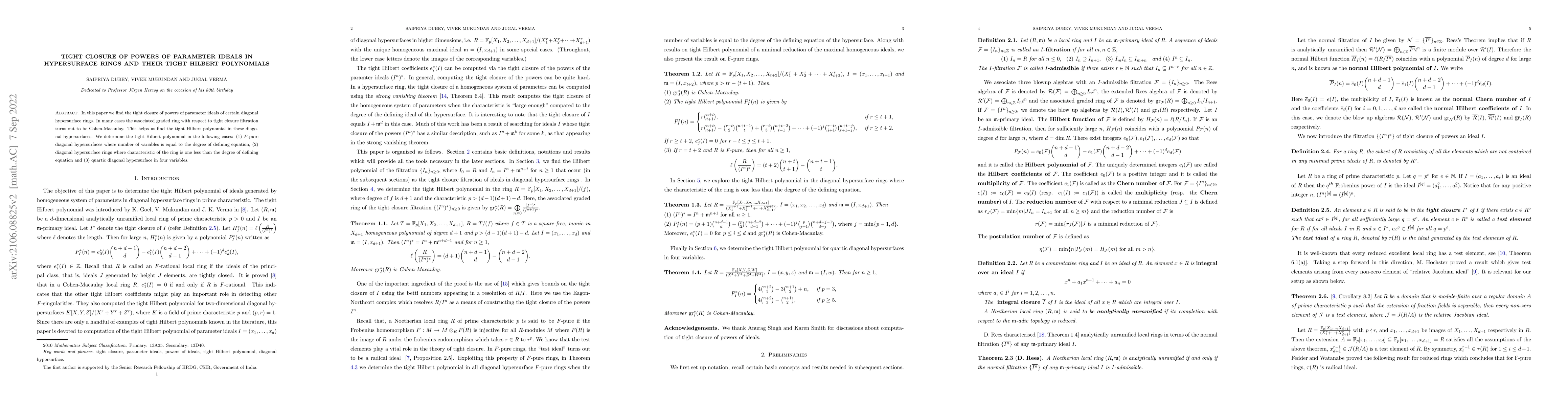 Thumbnail for Tight closure of powers of parameter ideals in hypersurface rings and
  their tight Hilbert polynomials