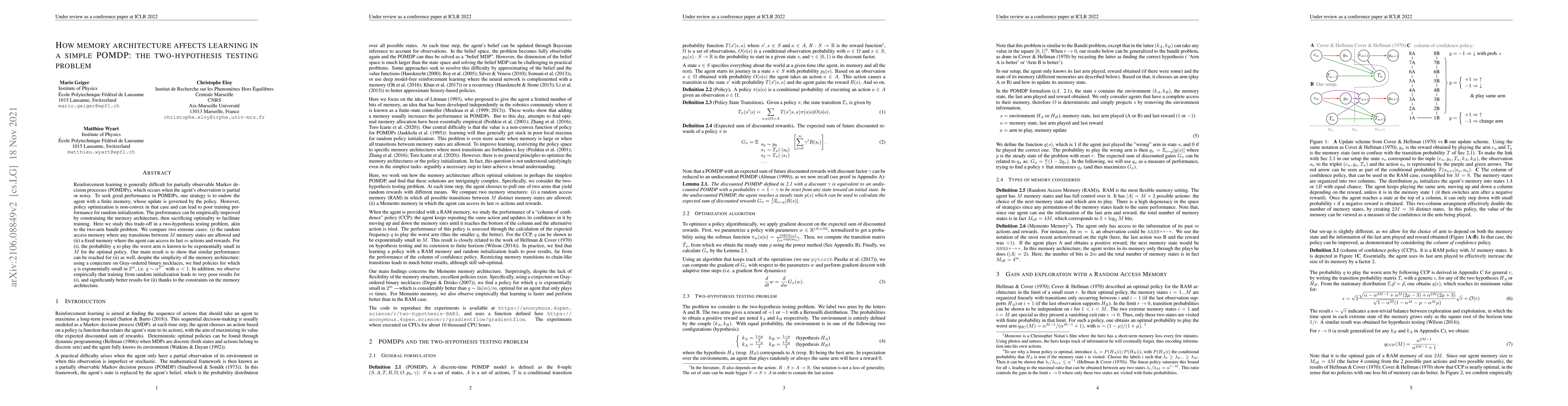 Thumbnail for How memory architecture affects learning in a simple POMDP: the
  two-hypothesis testing problem