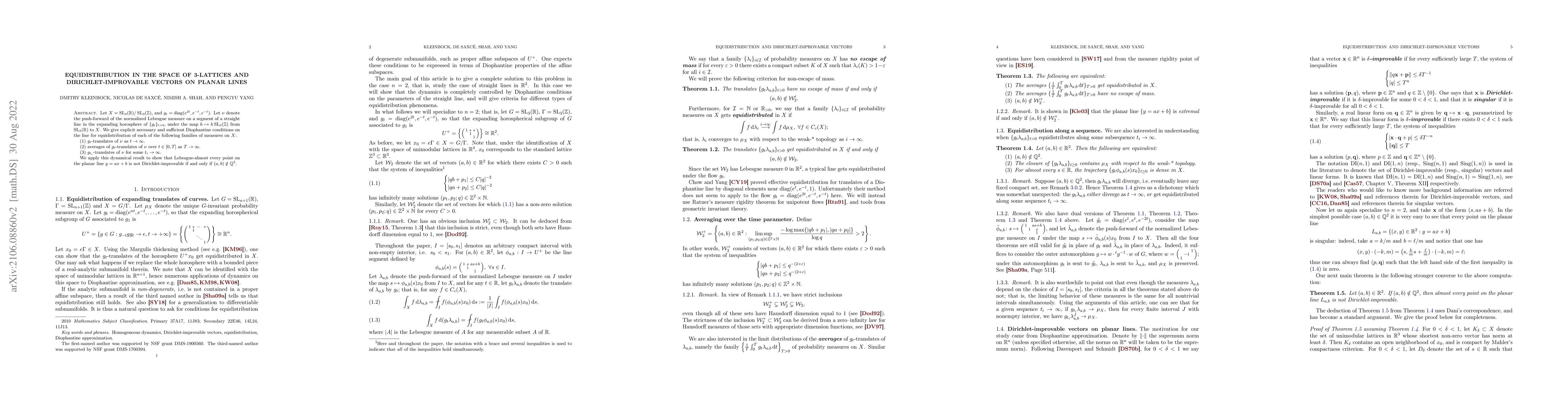 Thumbnail for Equidistribution in the space of 3-lattices and Dirichlet-improvable
  vectors on planar lines