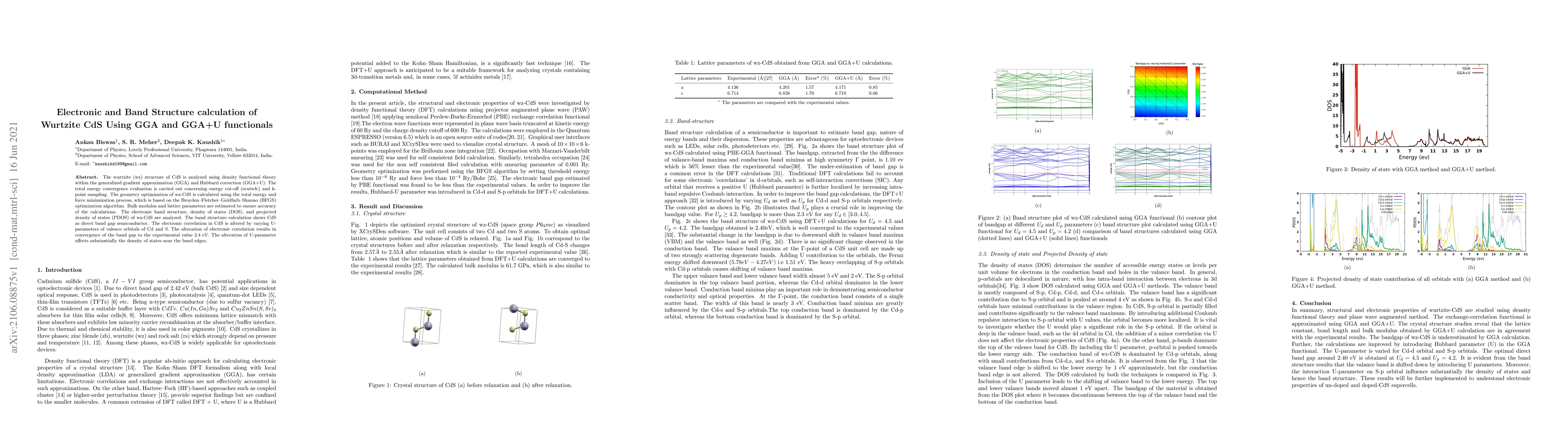 Thumbnail for Electronic and Band Structure Calculation of Wurtzite CdS Using GGA and
  GGA+U functionals