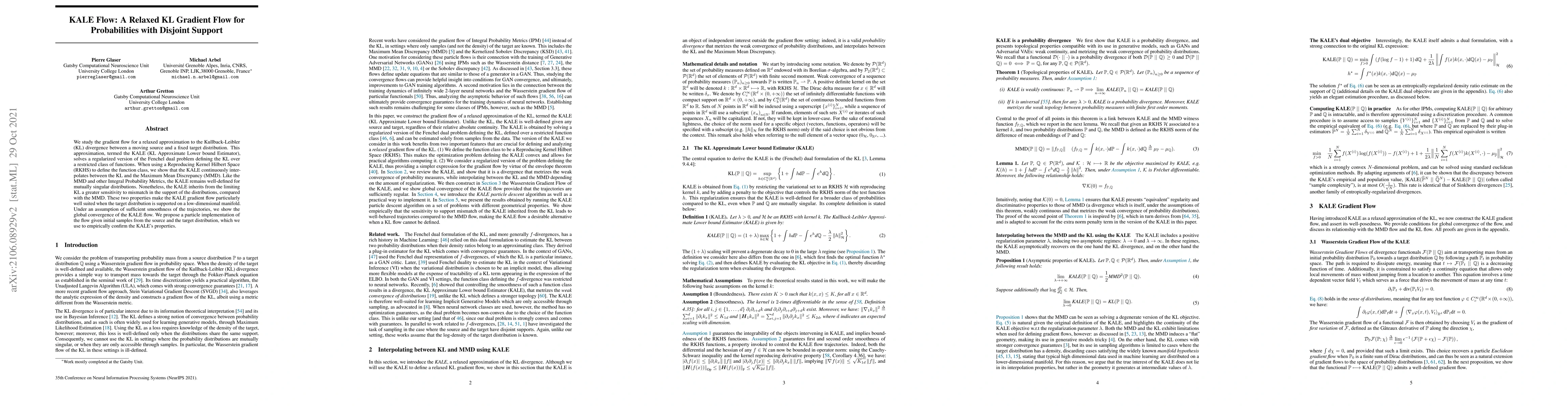 Thumbnail for KALE Flow: A Relaxed KL Gradient Flow for Probabilities with Disjoint
  Support