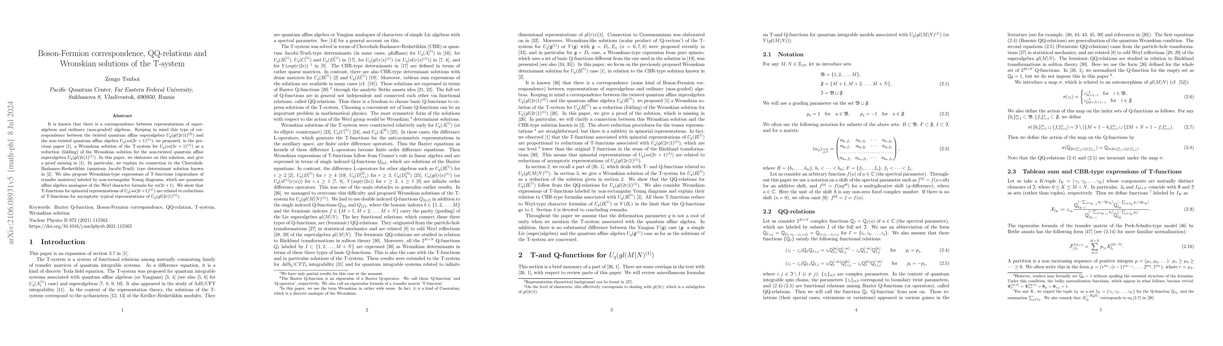 Thumbnail for Boson-Fermion correspondence, QQ-relations and Wronskian solutions of
  the T-system
