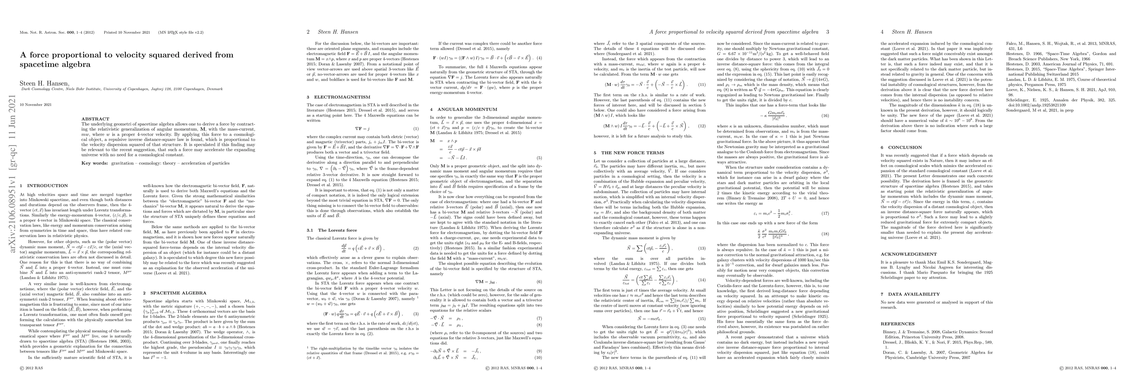 Thumbnail for A force proportional to velocity squared derived from spacetime algebra