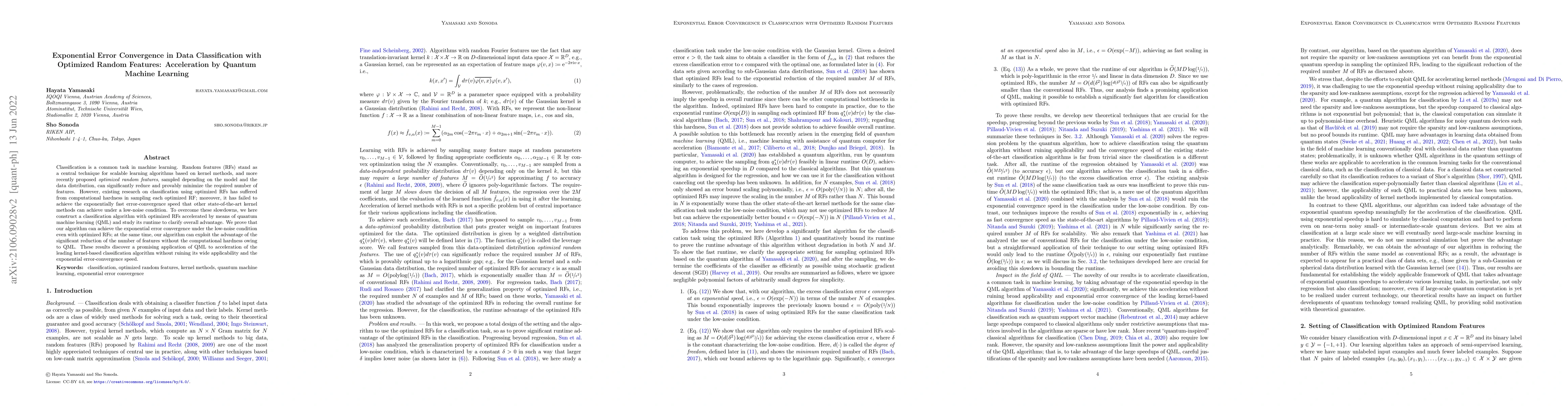 Thumbnail for Exponential Error Convergence in Data Classification with Optimized
  Random Features: Acceleration by Quantum Machine Learning