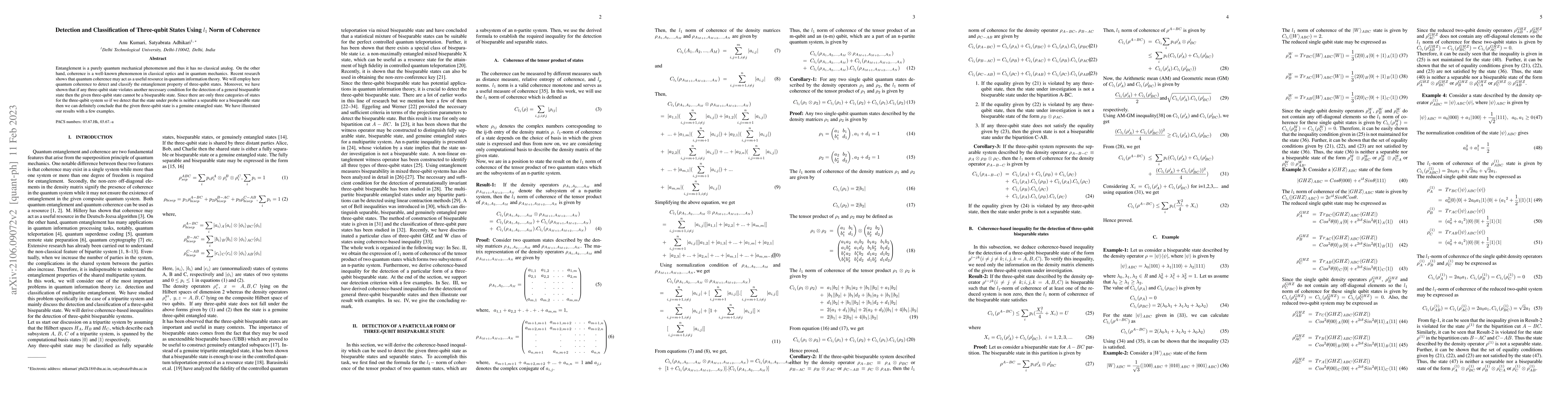 Thumbnail for Detection and Classification of Three-qubit States Using $l_{1}$ Norm of
  Coherence