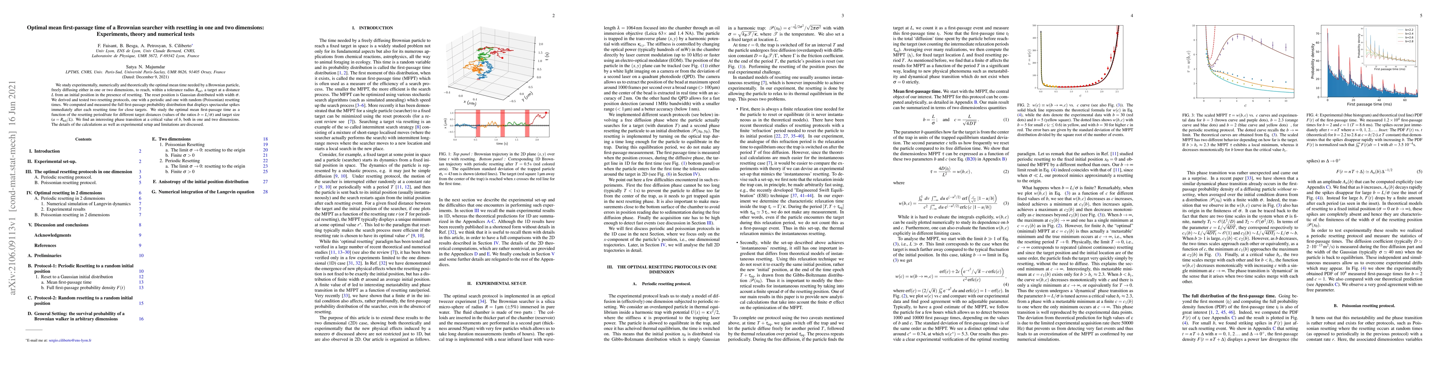 Thumbnail for Optimal mean first-passage time of a Brownian searcher with resetting in
  one and two dimensions: Experiments, theory and numerical tests