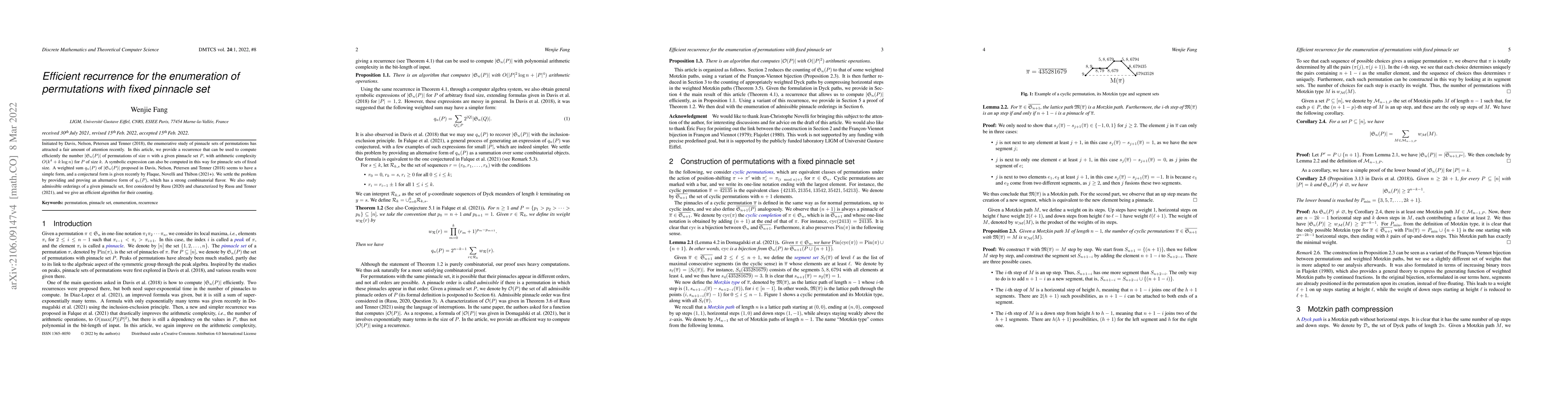 Thumbnail for Efficient recurrence for the enumeration of permutations with fixed
  pinnacle set
