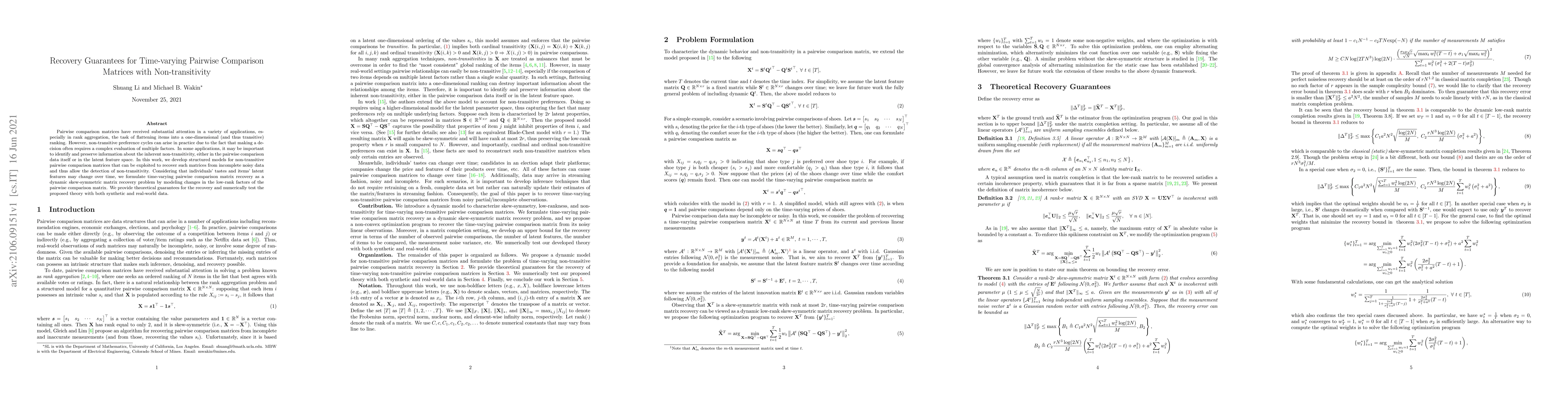 Thumbnail for Recovery Guarantees for Time-varying Pairwise Comparison Matrices with
  Non-transitivity