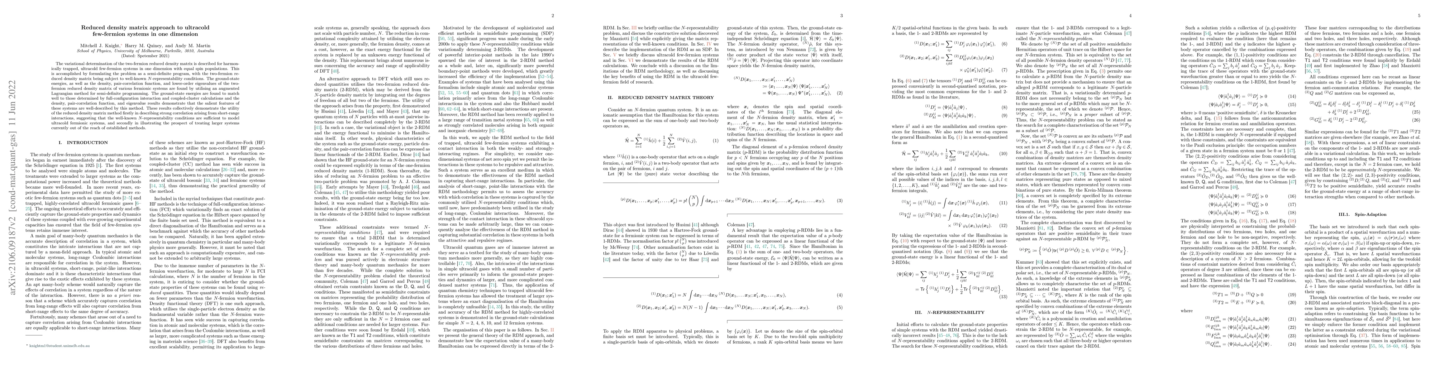 Thumbnail for Reduced density matrix approach to ultracold few-fermion systems in one
  dimension