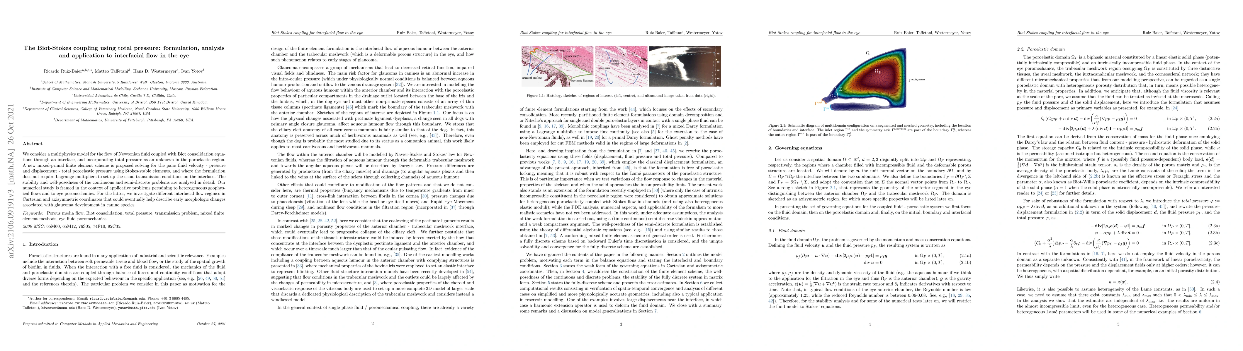 Thumbnail for The Biot-Stokes coupling using total pressure: formulation, analysis and
  application to interfacial flow in the eye