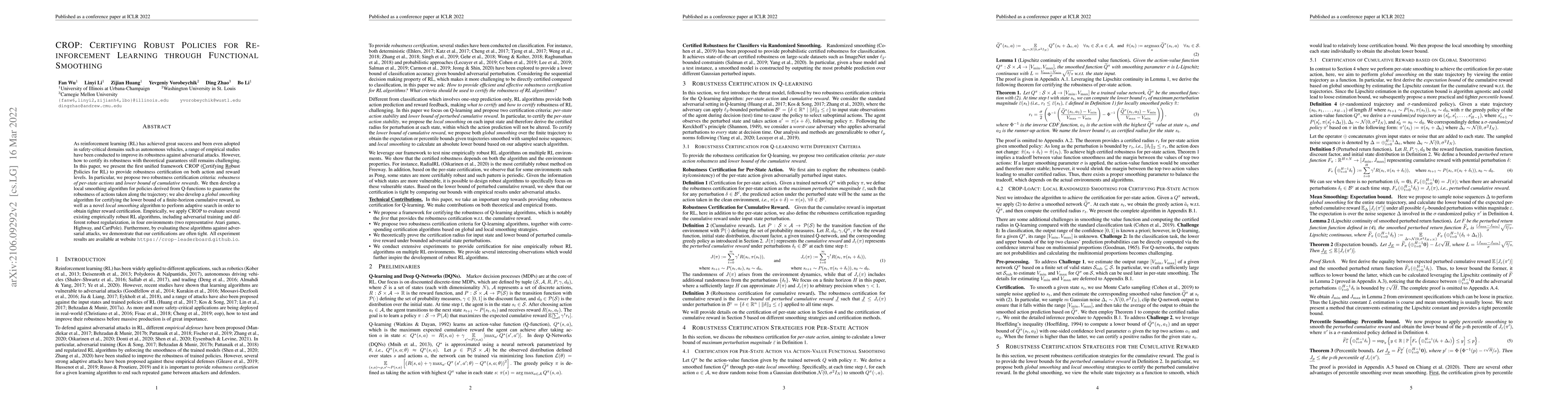 Thumbnail for CROP: Certifying Robust Policies for Reinforcement Learning through
  Functional Smoothing