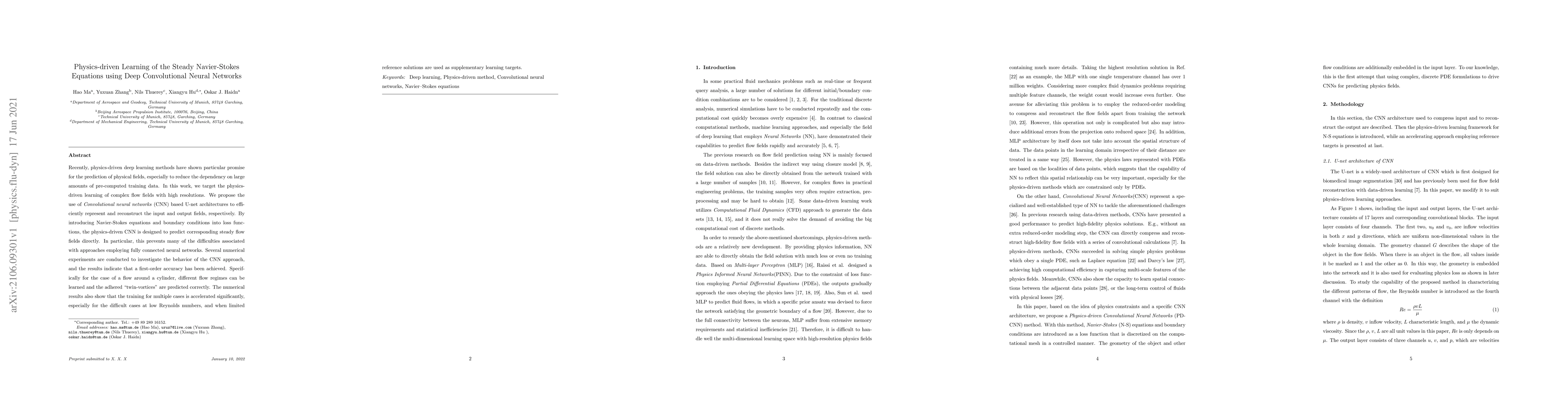 Thumbnail for Physics-driven Learning of the Steady Navier-Stokes Equations using Deep
  Convolutional Neural Networks