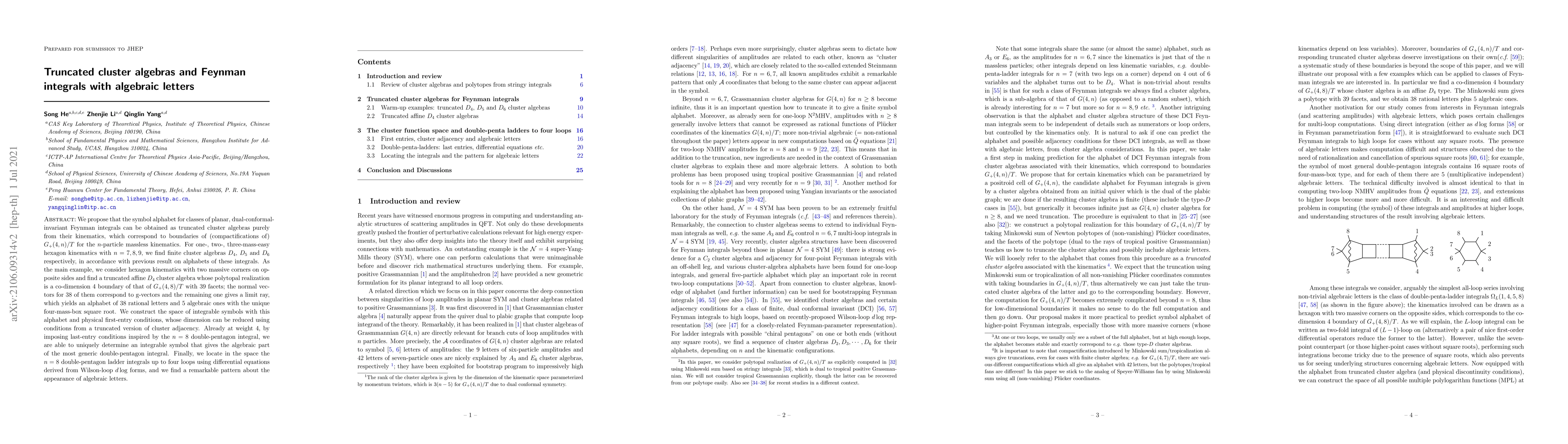 Thumbnail for Truncated cluster algebras and Feynman integrals with algebraic letters