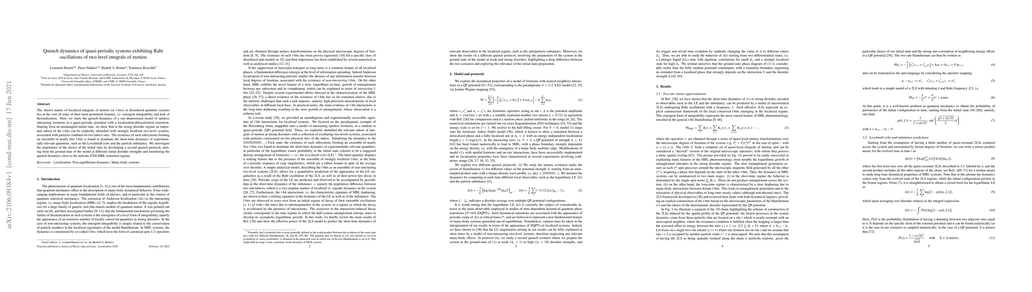Thumbnail for Quench dynamics of quasi-periodic systems exhibiting Rabi oscillations
  of two-level integrals of motion