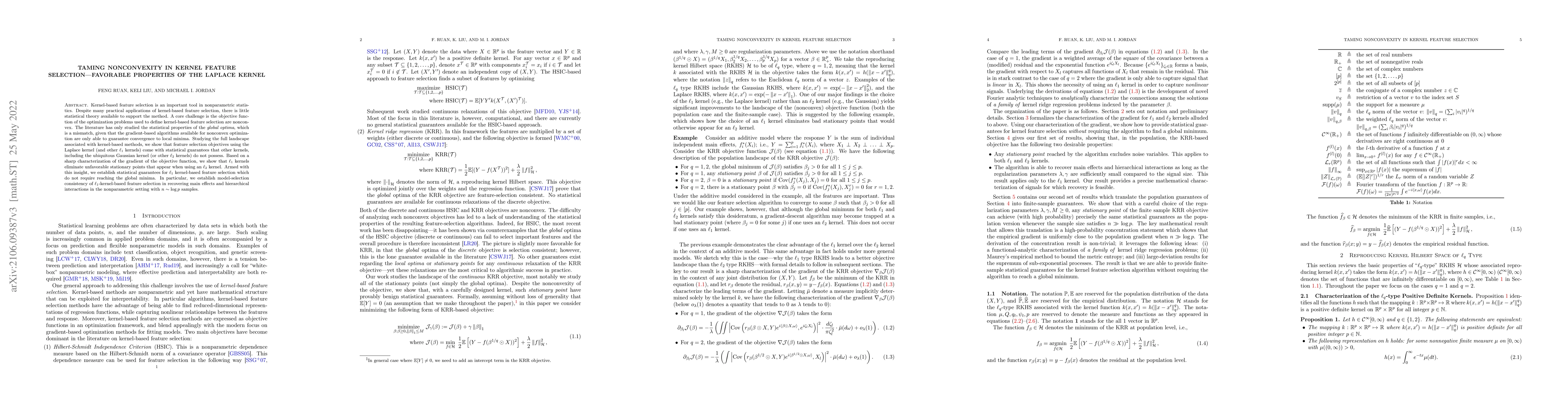 Thumbnail for Taming Nonconvexity in Kernel Feature Selection -- Favorable Properties
  of the Laplace Kernel