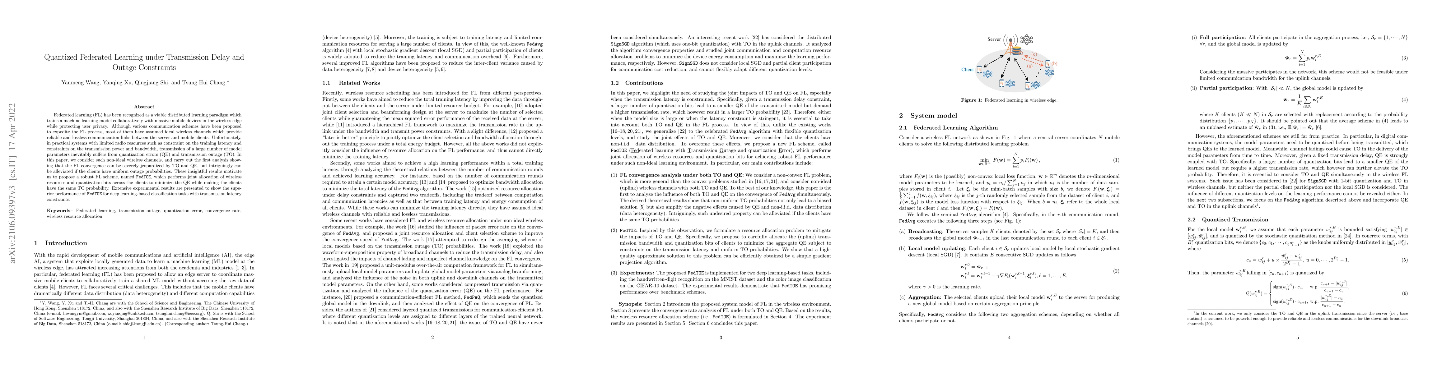 Thumbnail for Quantized Federated Learning under Transmission Delay and Outage
  Constraints
