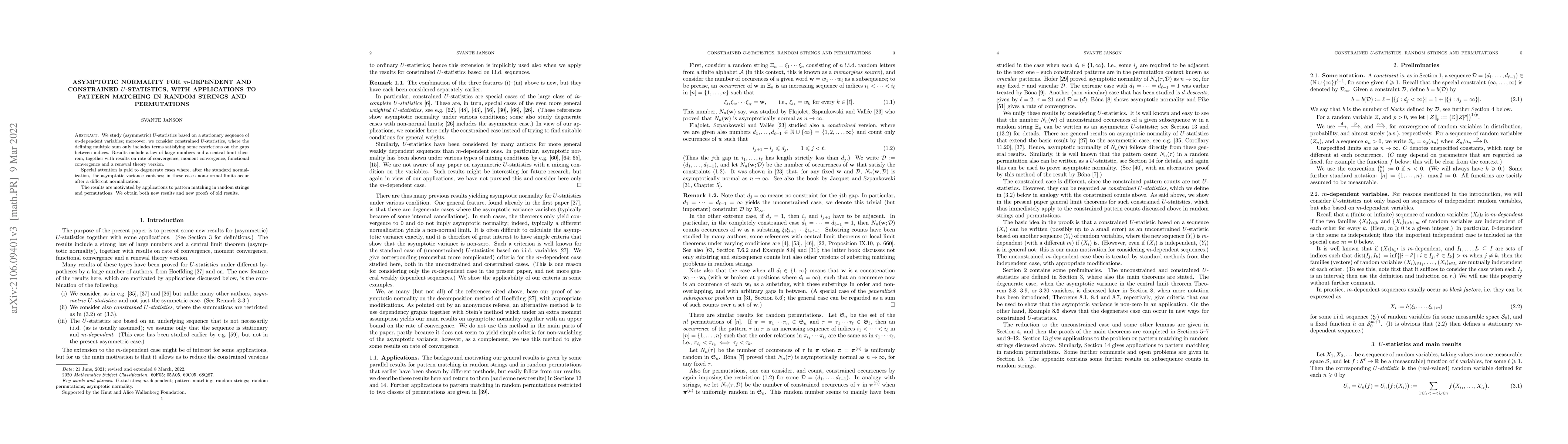 Thumbnail for Asymptotic normality for $m$-dependent and constrained $U$-statistics,
  with applications to pattern matching in random strings and permutations