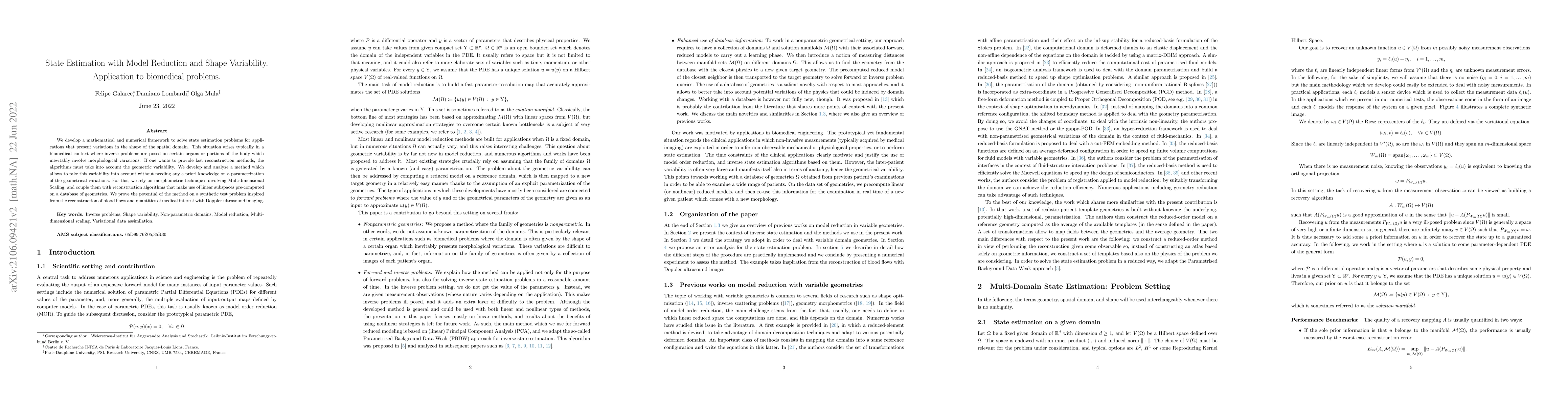 Thumbnail for State Estimation with Model Reduction and Shape Variability. Application
  to biomedical problems