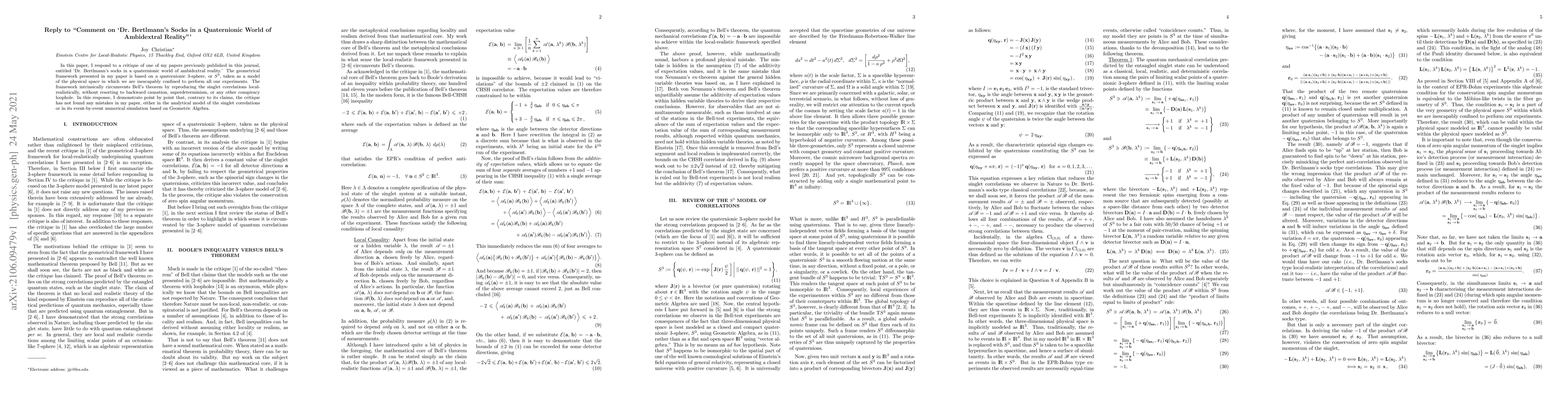 Thumbnail for Reply to "Comment on 'Dr. Bertlmann's Socks in a Quaternionic World of
  Ambidextral Reality'"