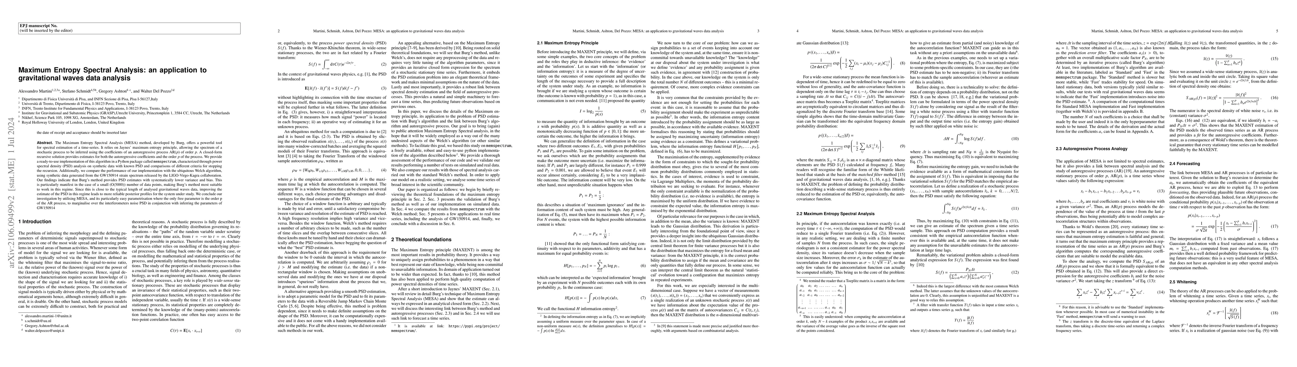 Thumbnail for Maximum Entropy Spectral Analysis: an application to gravitational waves
  data analysis