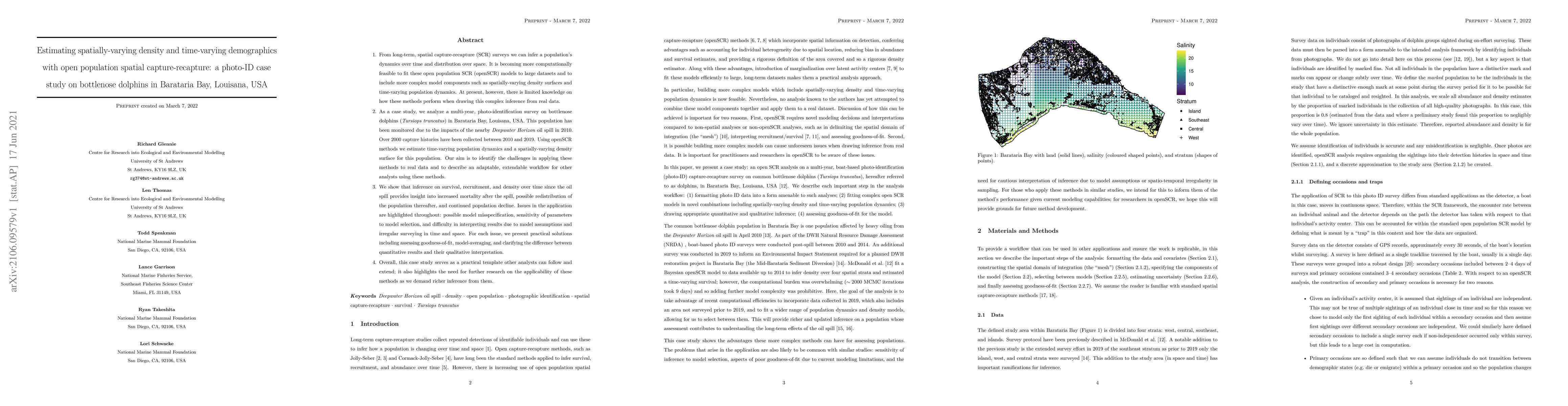 Thumbnail for Estimating spatially-varying density and time-varying demographics with
  open population spatial capture-recapture: a photo-ID case study on
  bottlenose dolphins in Barataria Bay, Louisana, USA