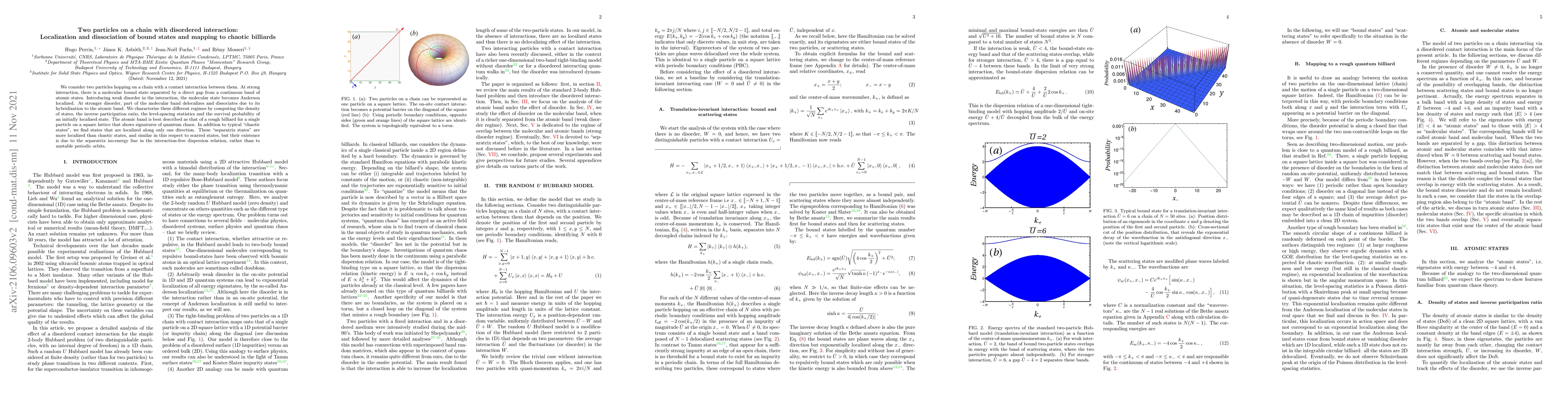 Thumbnail for Two particles on a chain with disordered interaction: Localization and
  dissociation of bound states and mapping to chaotic billiards
