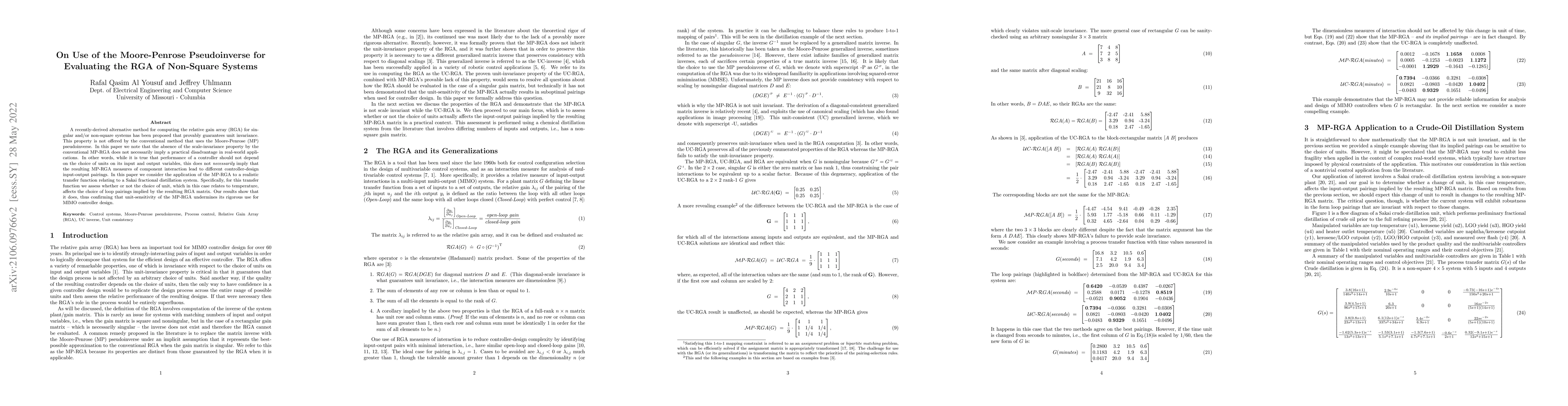 Thumbnail for On Use of the Moore-Penrose Pseudoinverse for Evaluating the RGA of
  Non-Square Systems