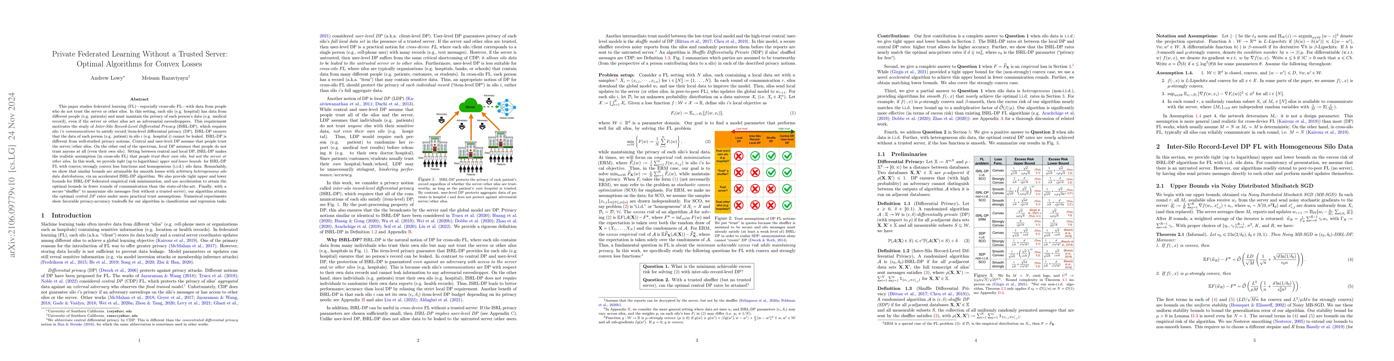 Thumbnail for Private Federated Learning Without a Trusted Server: Optimal Algorithms
  for Convex Losses