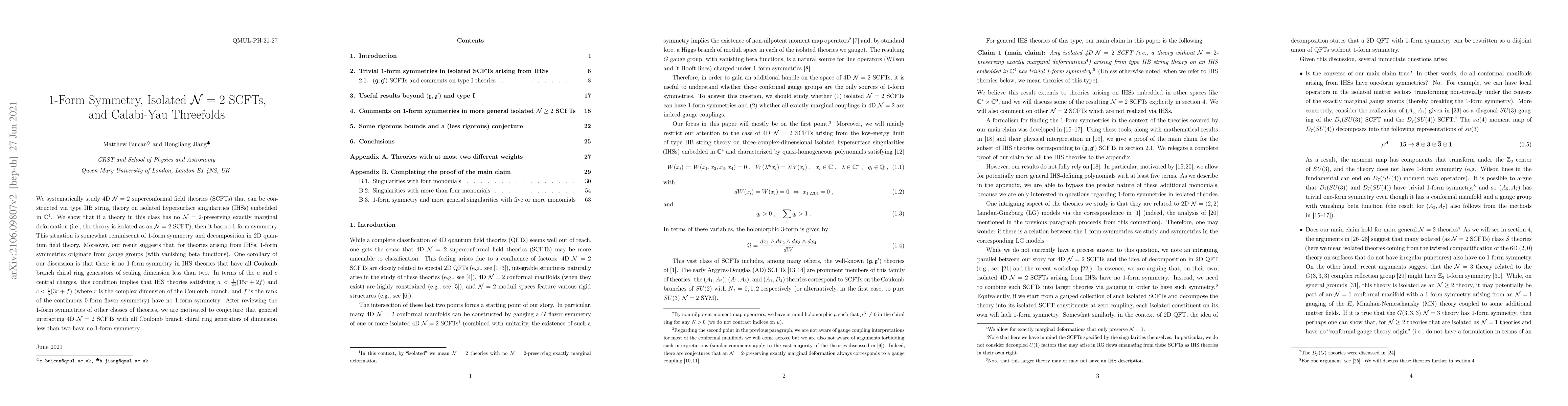 Thumbnail for 1-Form Symmetry, Isolated N=2 SCFTs, and Calabi-Yau Threefolds