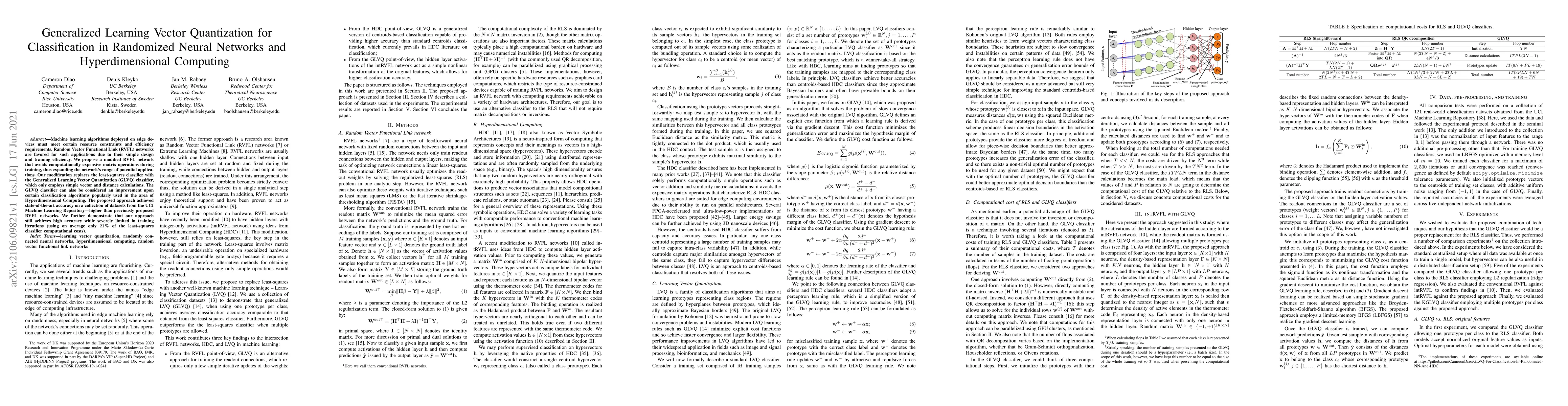 Thumbnail for Generalized Learning Vector Quantization for Classification in
  Randomized Neural Networks and Hyperdimensional Computing