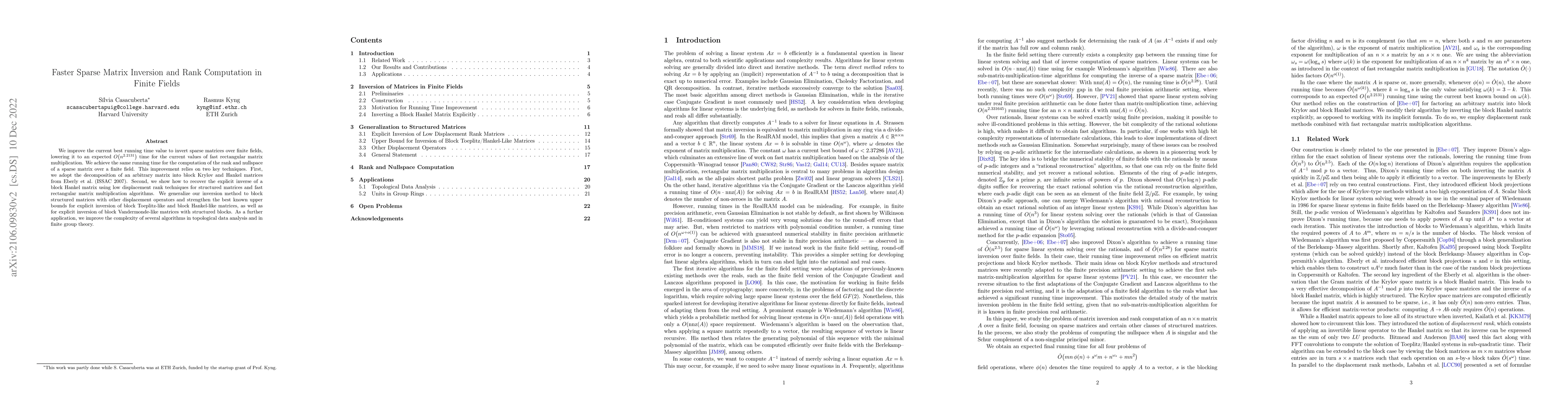 Thumbnail for Faster Sparse Matrix Inversion and Rank Computation in Finite Fields