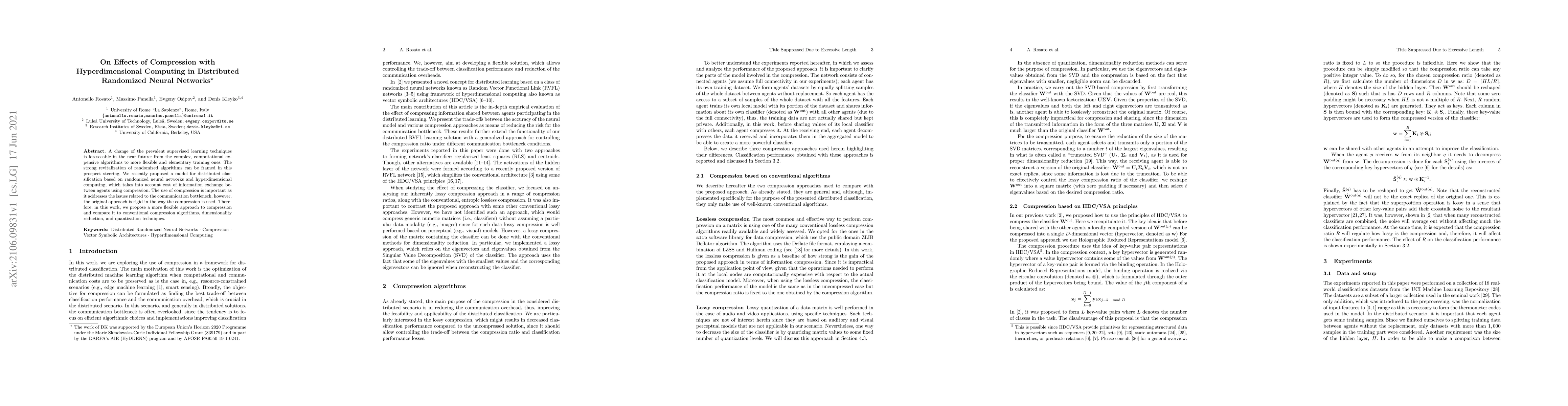 Thumbnail for On Effects of Compression with Hyperdimensional Computing in Distributed
  Randomized Neural Networks