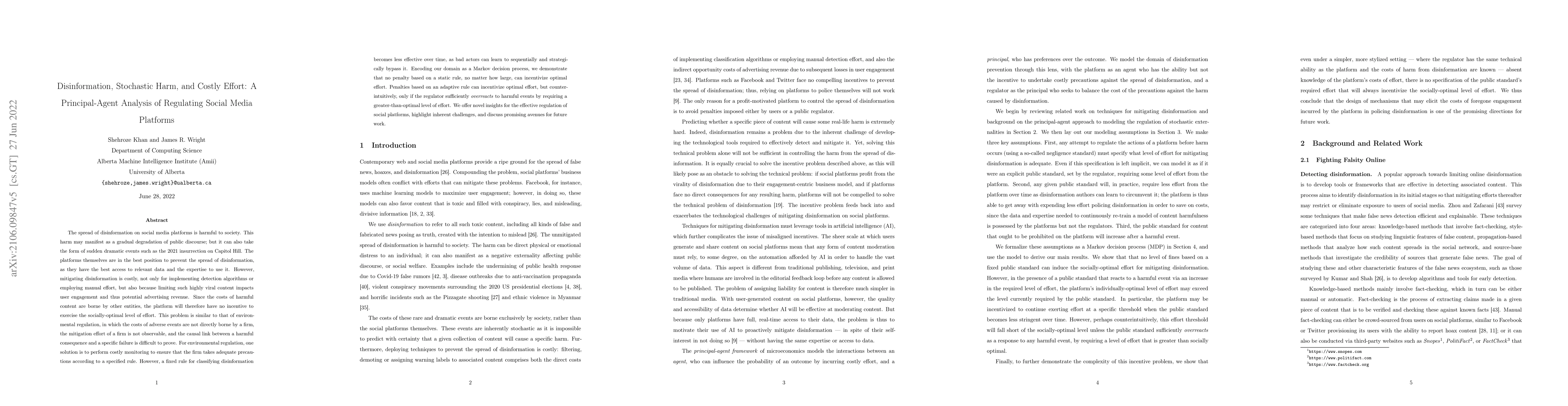 Thumbnail for Disinformation, Stochastic Harm, and Costly Effort: A Principal-Agent
  Analysis of Regulating Social Media Platforms