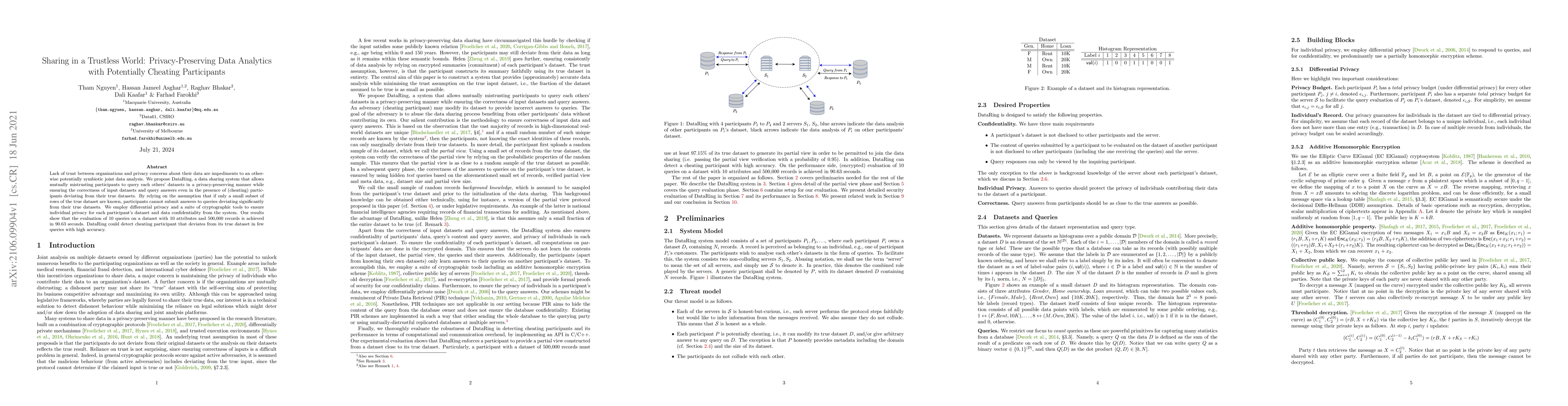 Thumbnail for Sharing in a Trustless World: Privacy-Preserving Data Analytics with
  Potentially Cheating Participants