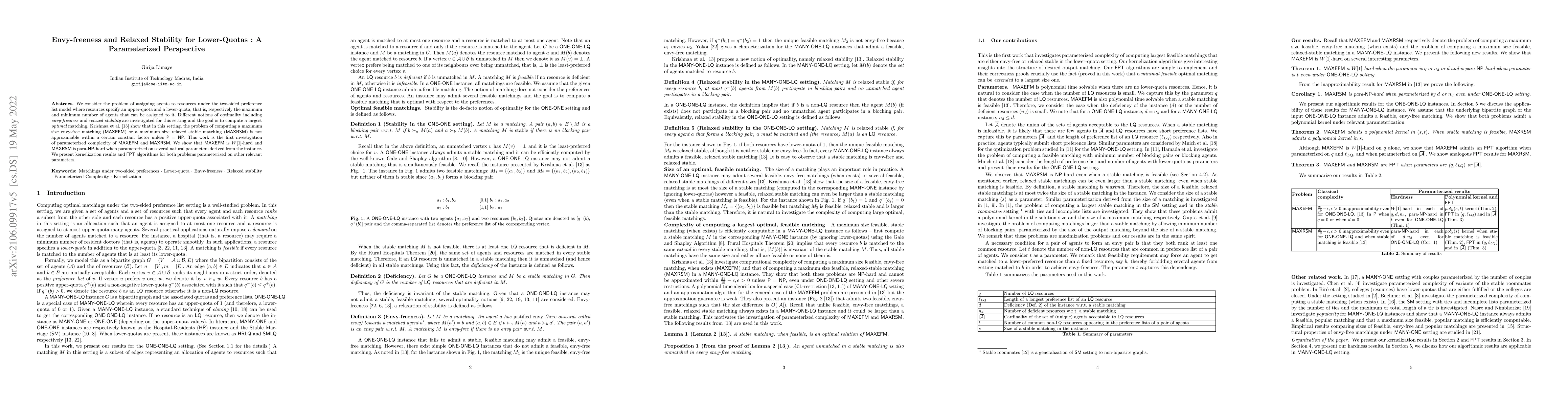 Thumbnail for Envy-freeness and Relaxed Stability for Lower-Quotas : A Parameterized
  Perspective