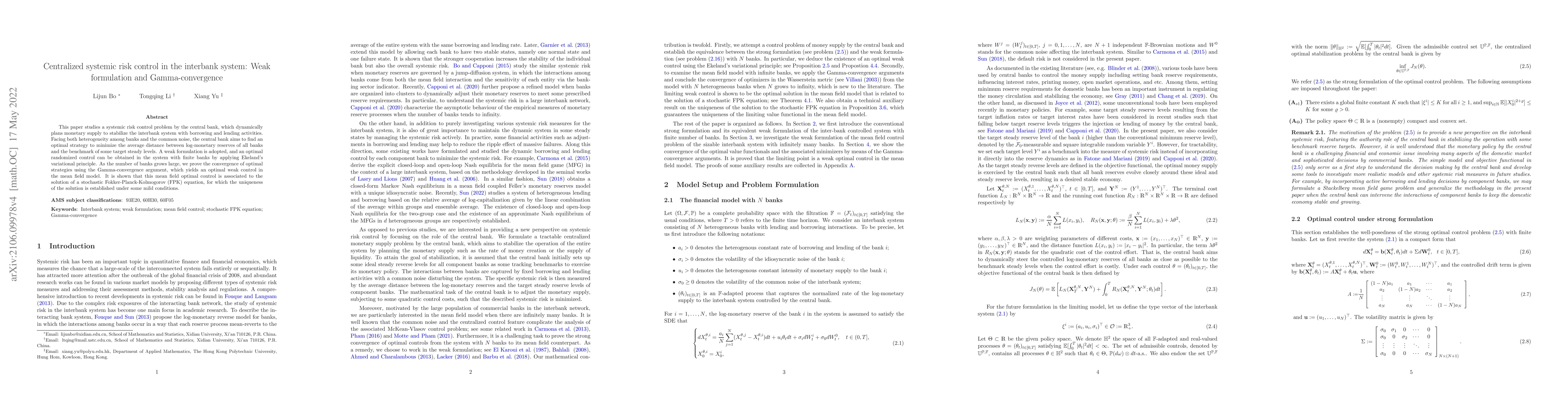 Thumbnail for Centralized systemic risk control in the interbank system: Weak
  formulation and Gamma-convergence