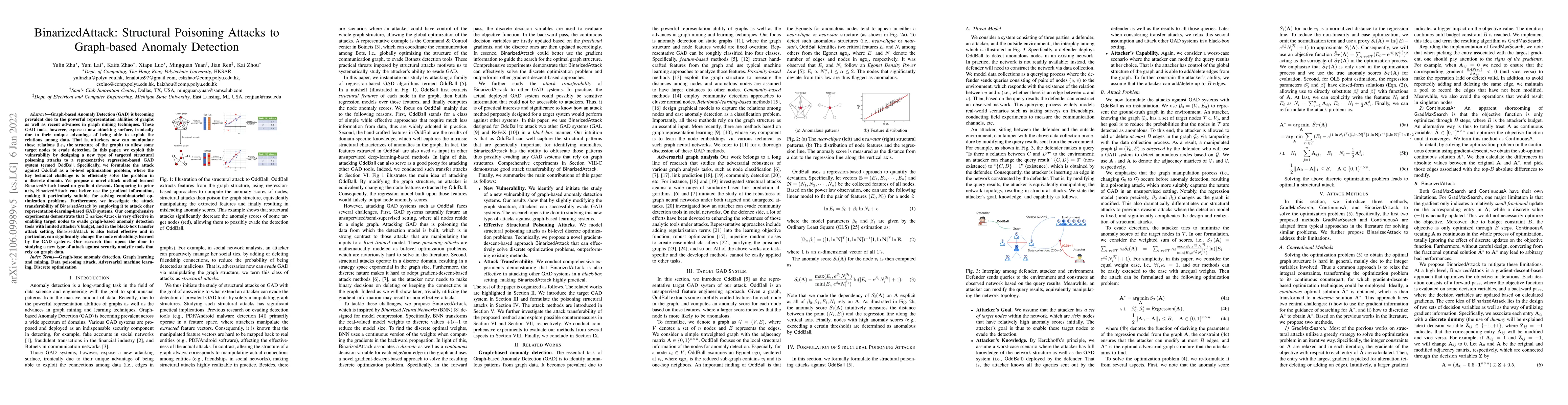Thumbnail for BinarizedAttack: Structural Poisoning Attacks to Graph-based Anomaly
  Detection