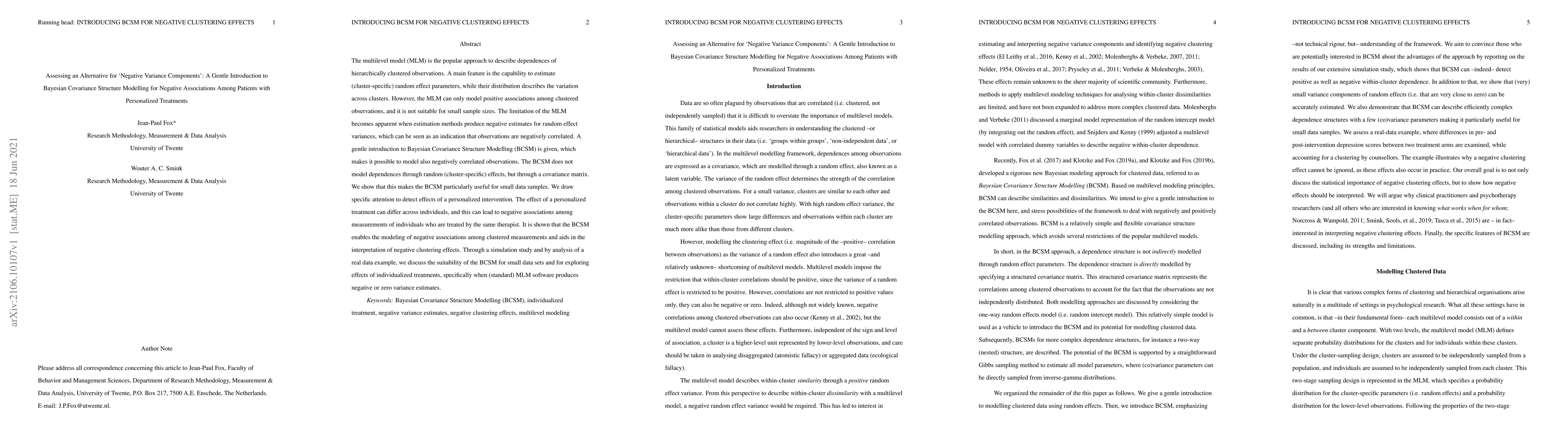 Thumbnail for Assessing an Alternative for `Negative Variance Components': A Gentle
  Introduction to Bayesian Covariance Structure Modelling for Negative
  Associations Among Patients with Personalized Treatments