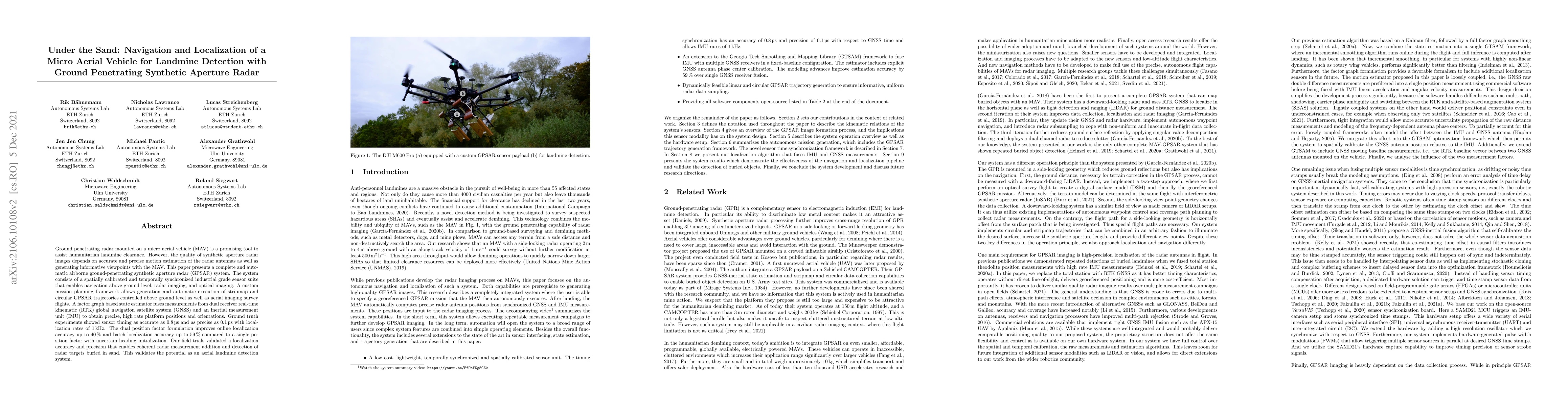 Thumbnail for Under the Sand: Navigation and Localization of a Micro Aerial Vehicle
  for Landmine Detection with Ground Penetrating Synthetic Aperture Radar