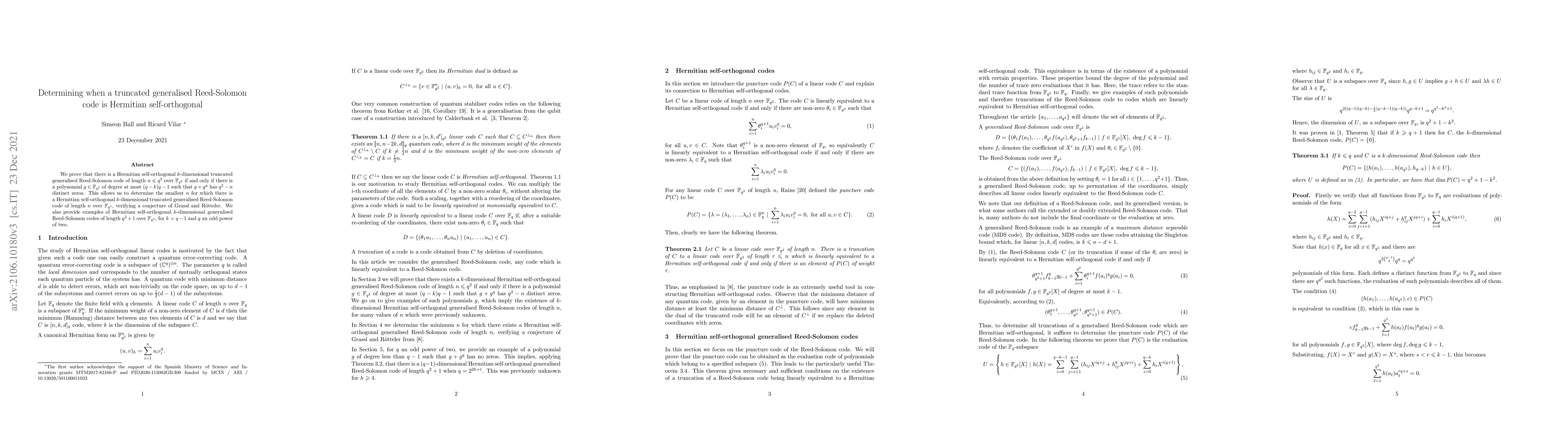 Thumbnail for Determining when a truncated generalised Reed-Solomon code is Hermitian
  self-orthogonal
