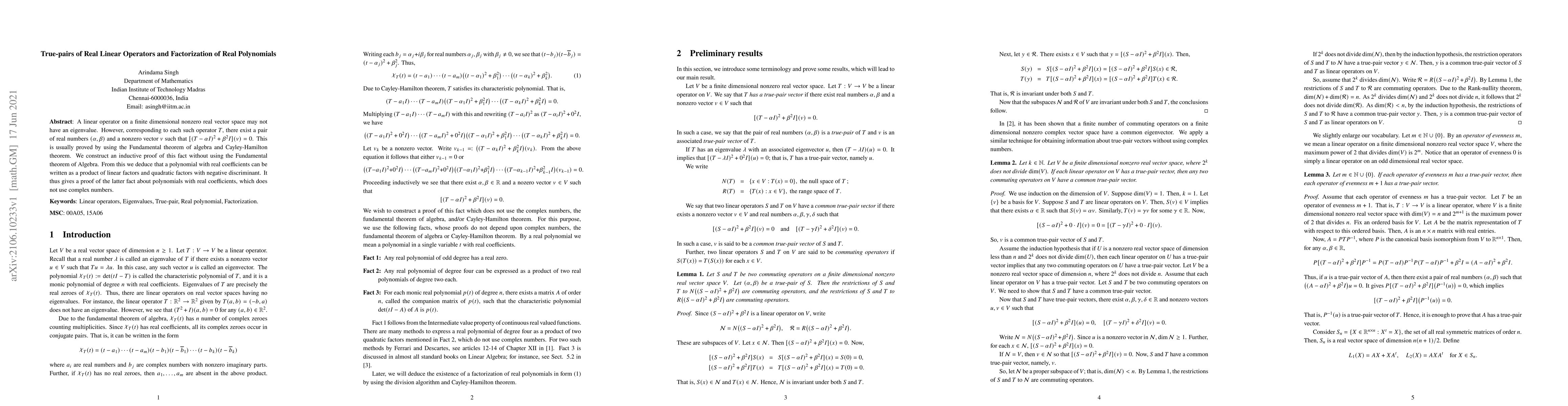 Thumbnail for True-pairs of Real Linear Operators and Factorization of Real
  Polynomials