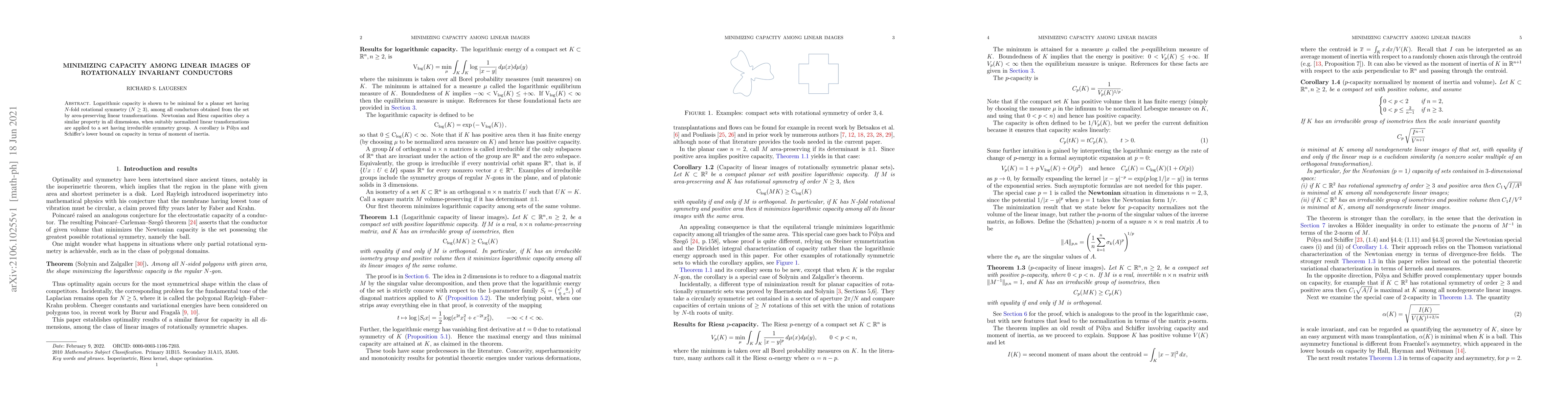 Thumbnail for Minimizing capacity among linear images of rotationally invariant
  conductors