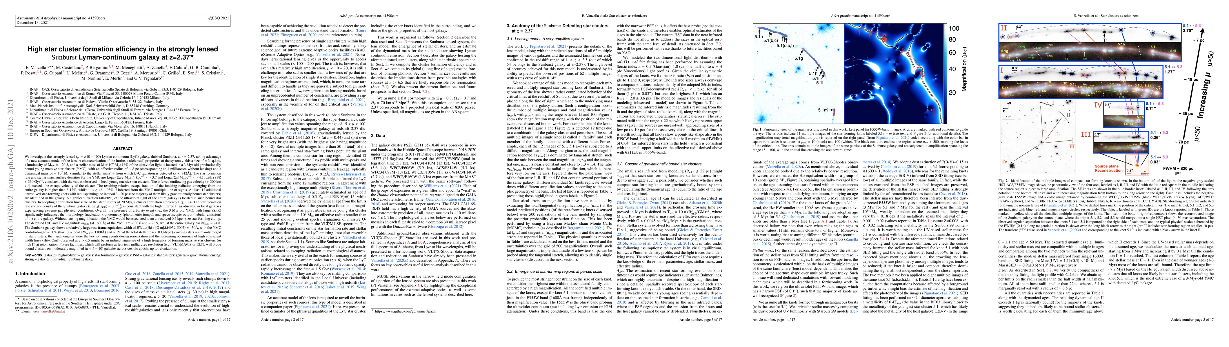 Thumbnail for High star cluster formation efficiency in the strongly lensed Sunburst
  Lyman-continuum galaxy at z=2.37