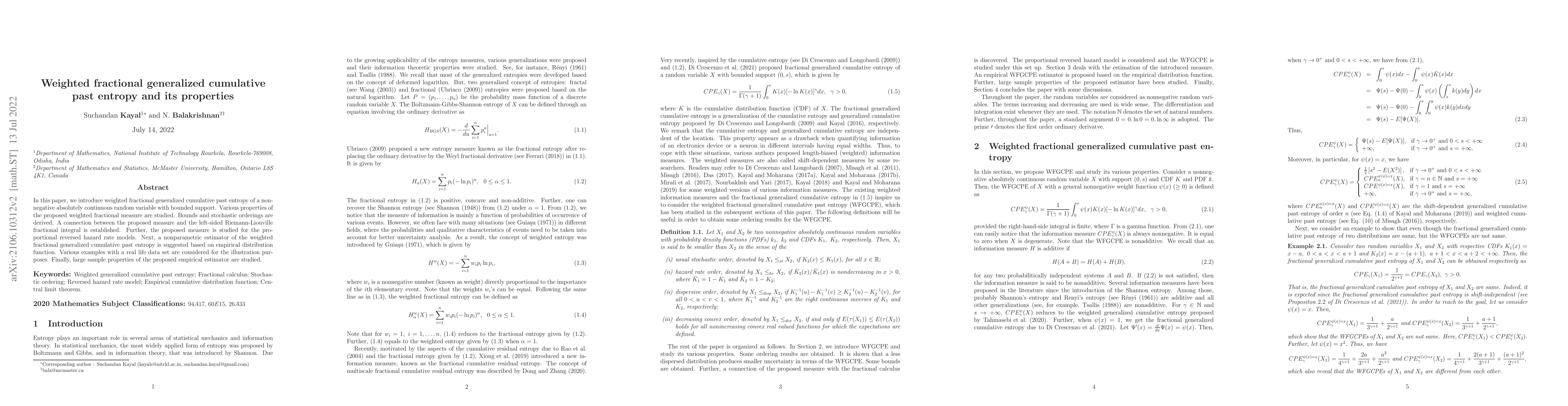 Thumbnail for Weighted fractional generalized cumulative past entropy and its
  properties