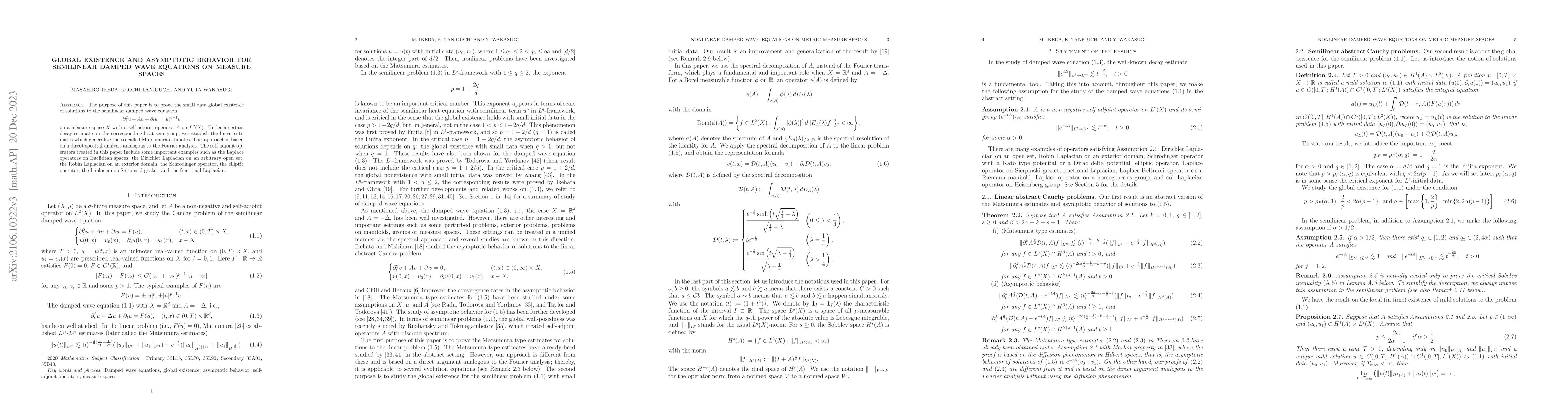 Thumbnail for Global existence and asymptotic behavior for semilinear damped wave
  equations on measure spaces