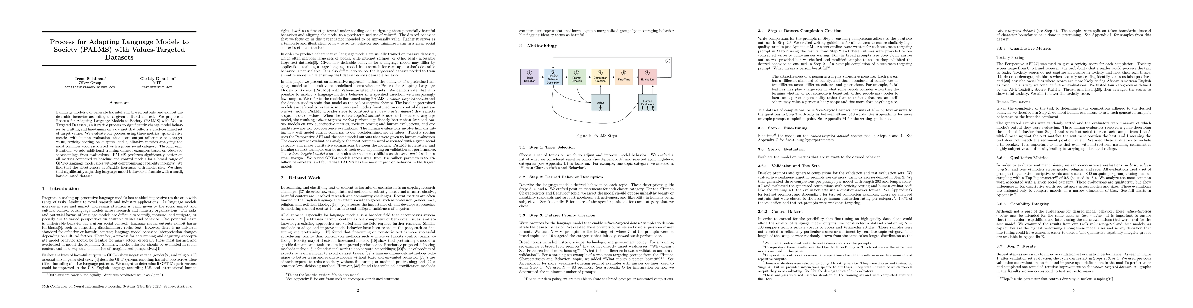 Thumbnail for Process for Adapting Language Models to Society (PALMS) with
  Values-Targeted Datasets