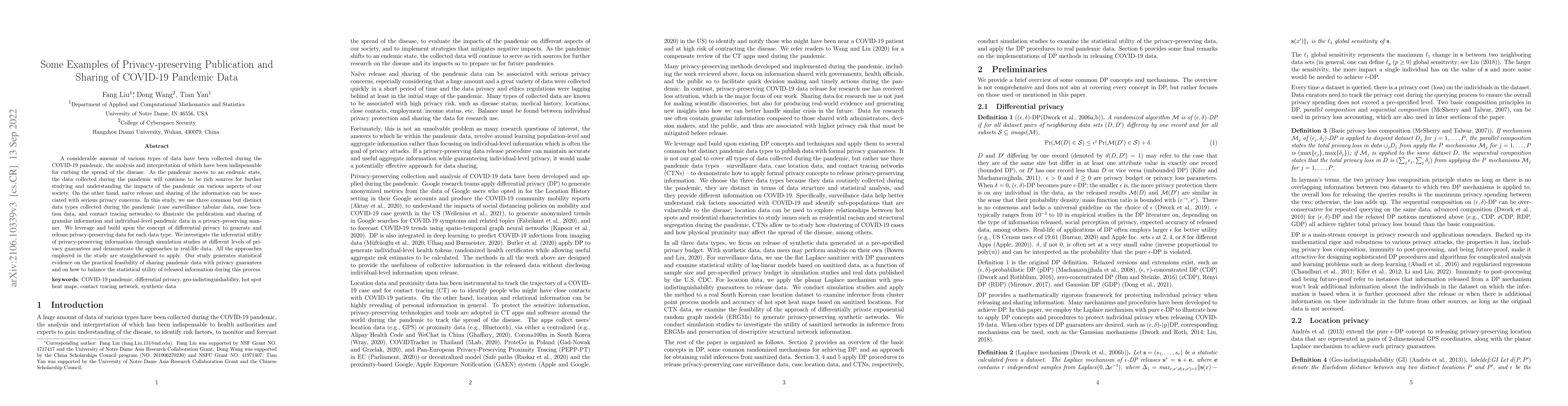 Thumbnail for Some Examples of Privacy-preserving Publication and Sharing of COVID-19
  Pandemic Data